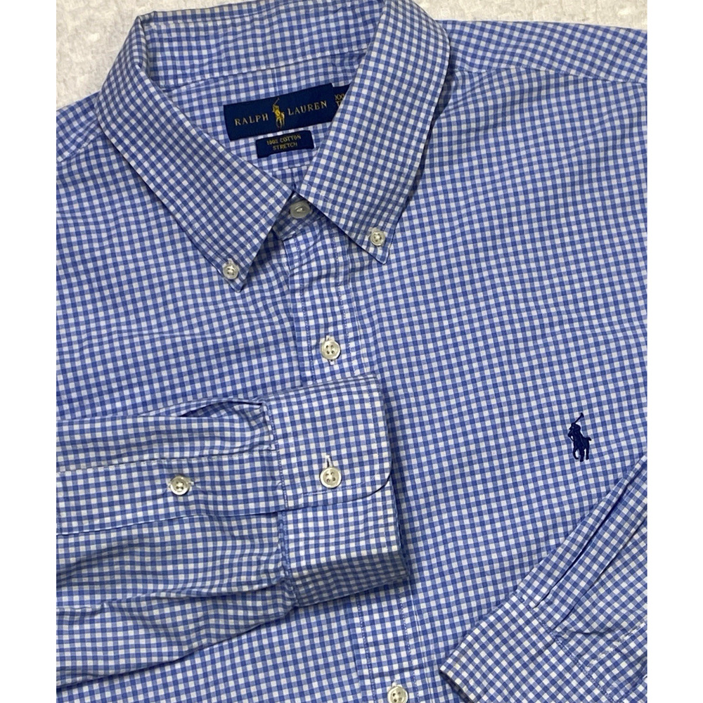 Ralph Lauren Stretch Mens XXL TTG L/S 100% Cotton Blue Check‎ Button Down Shirt